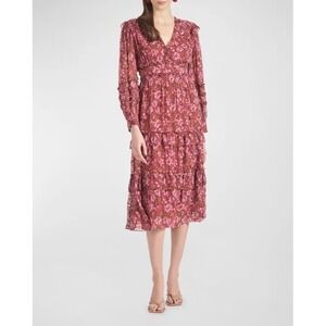 Sachin & Babi Ronnie Long Sleeve VNeck Ruffle Printed Midi Dress Size 4 Pink NWT